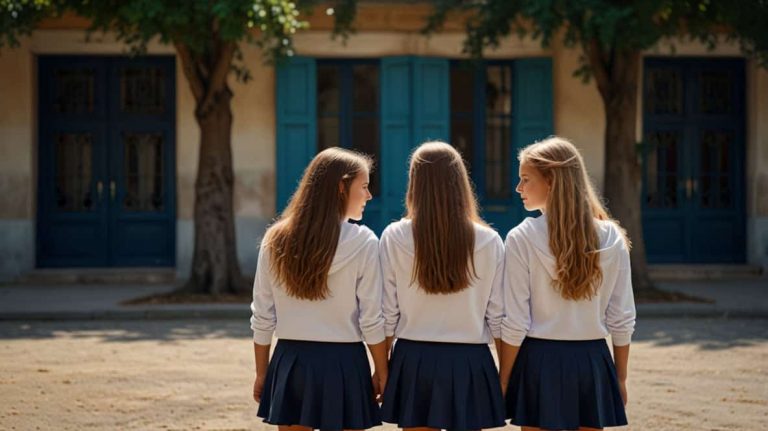 3 filles discutant en sweats a capuche blancs dans une cours de recreation