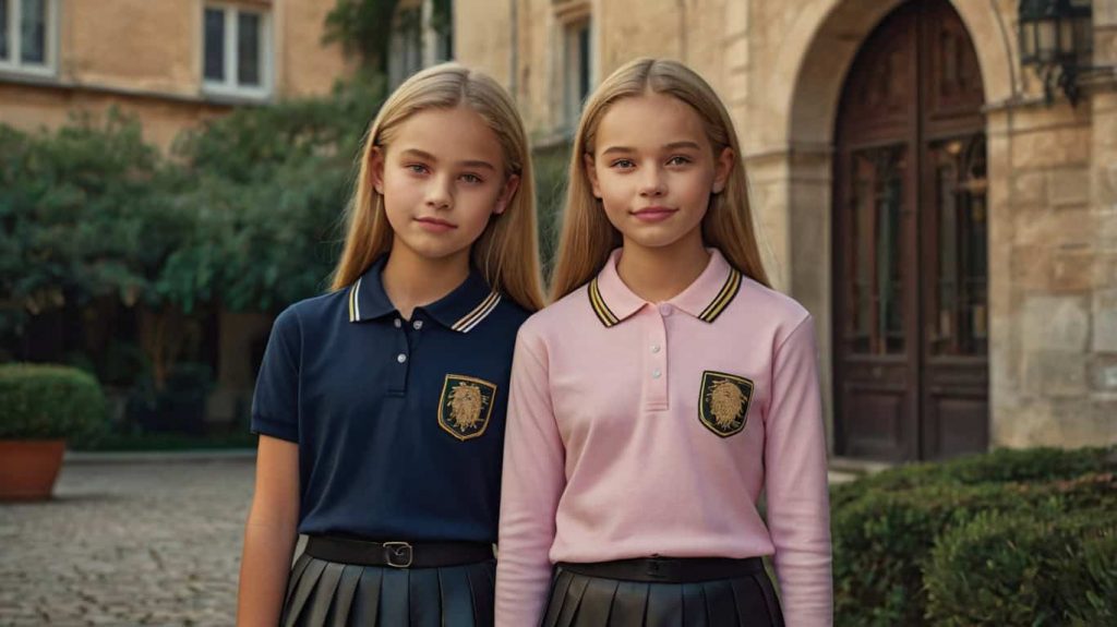 Uniformes scolaires pour filles rose et bleu marine avec jupe noire
